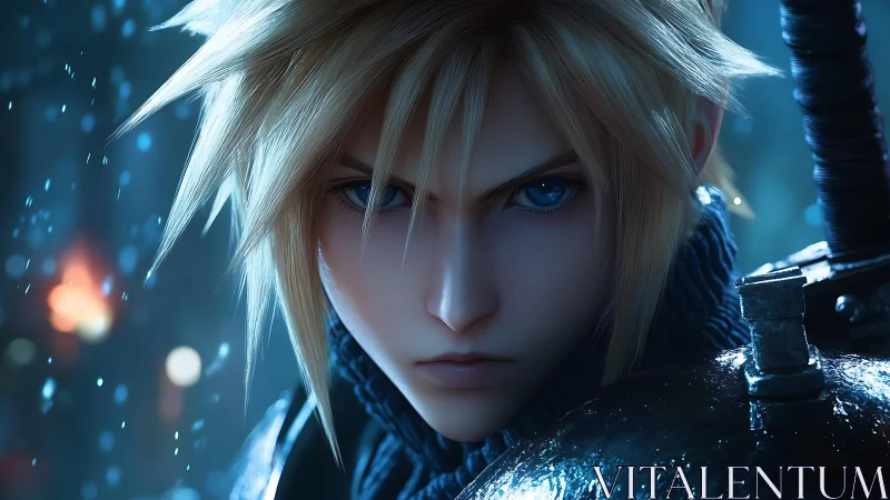 Cinematic blue-lit warrior portrait with hyperreal shaders.