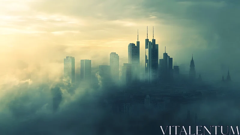 Fog-drenched city skyline rises through pale sunrise haze
