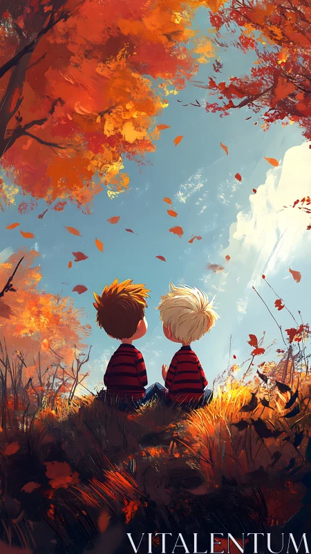 Two children sit under autumn trees watching bright sky