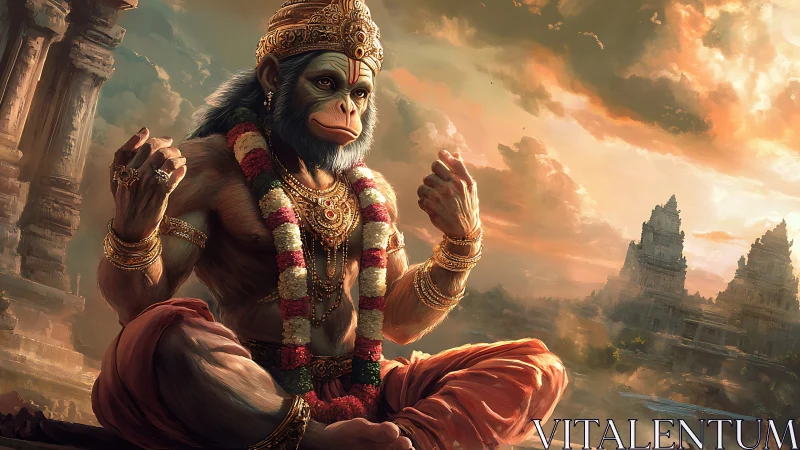 Mythic simian deity in meditative architectural panorama.