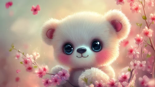 Blossom-bright teddy gazes wide-eyed through pastel petals