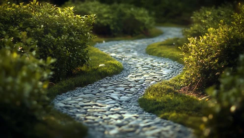 Sunlit pebble path winding through whispering garden hedges.