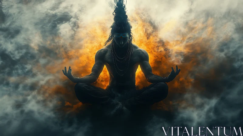Mystic figure levitates in lotus pose amid fiery smoke plume
