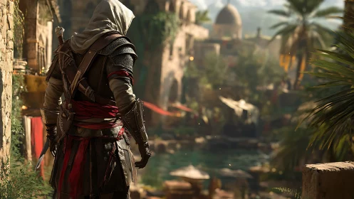 Hooded assassin observes sunlit Middle Eastern city in shallow depth