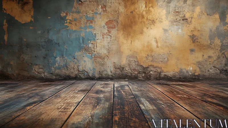 Weathered plaster wall with aged wooden floor interior.