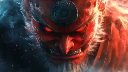 Infernal warrior glare crowned by a burning iron sigil.