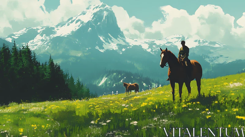 Rider on mountain meadow with horses and distant snow peaks.
