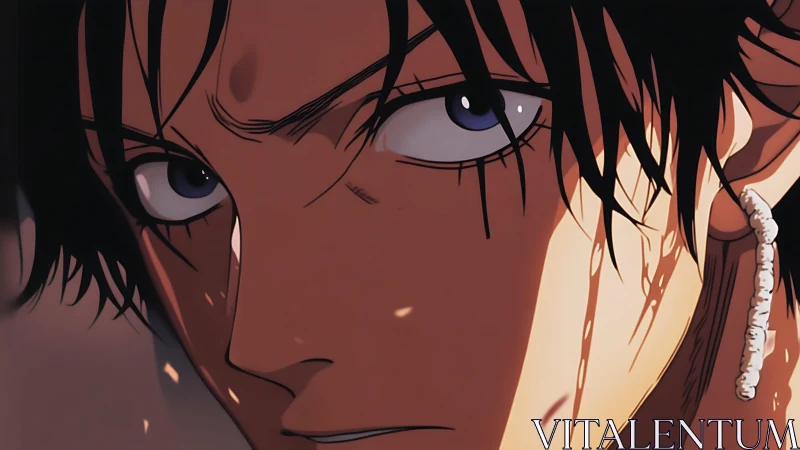 Intense anime close up captures a determined, shadowed gaze