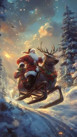 Soaring Santa on reindeer-sled amid glowing winter forest.