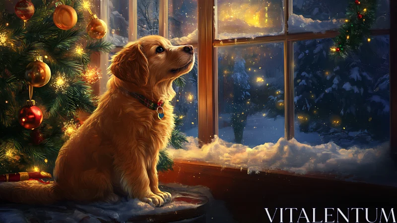 Golden retriever watches snowy Christmas night glow.