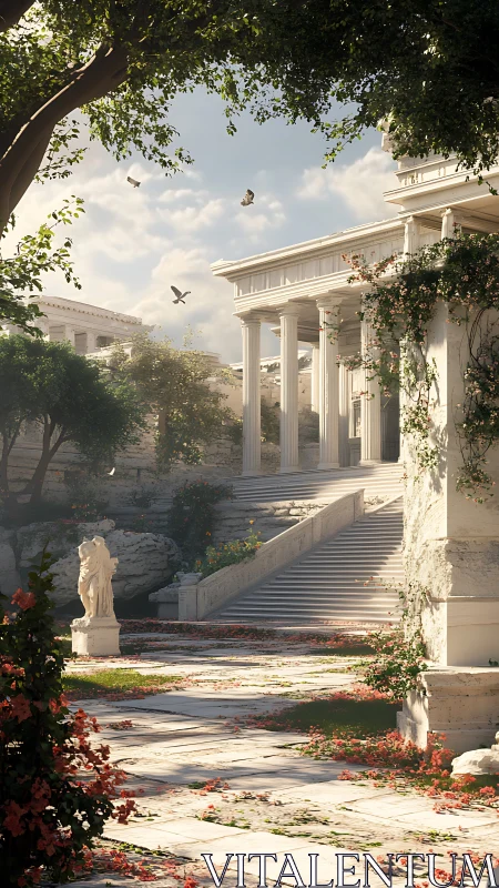 Sunlit marble garden invites quiet steps toward ancient halls