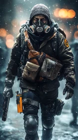 Snowstorm lone operative in gas mask stalking the ruins.