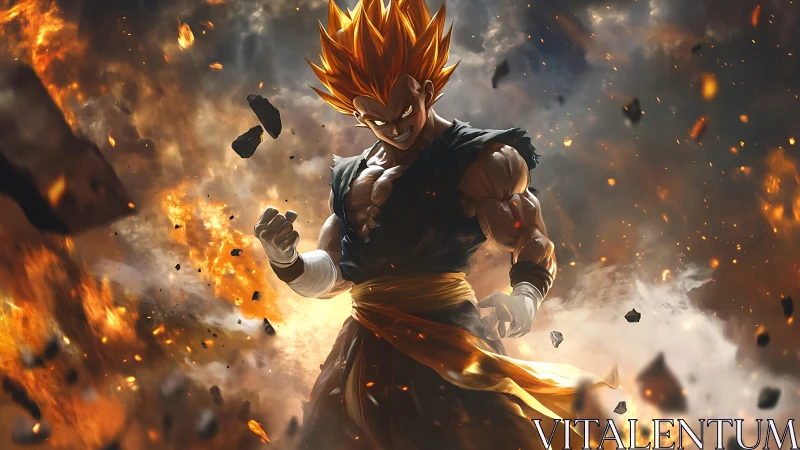 Explosive anime warrior rendered amid burning debris cloud