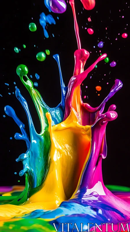 Multicolored liquid paint splashes upward against black background