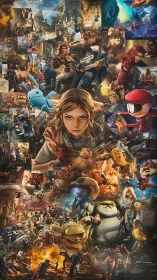 Dynamic collage of video game heroes and action scenes.
