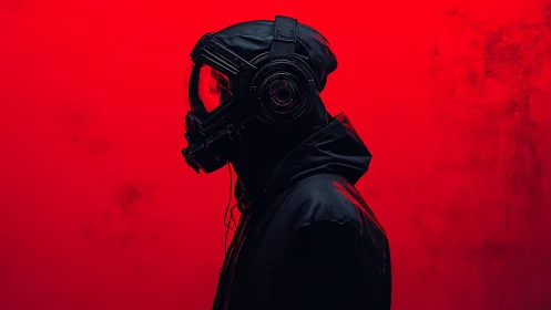 Profile figure in black hazmat gear on red backdrop.