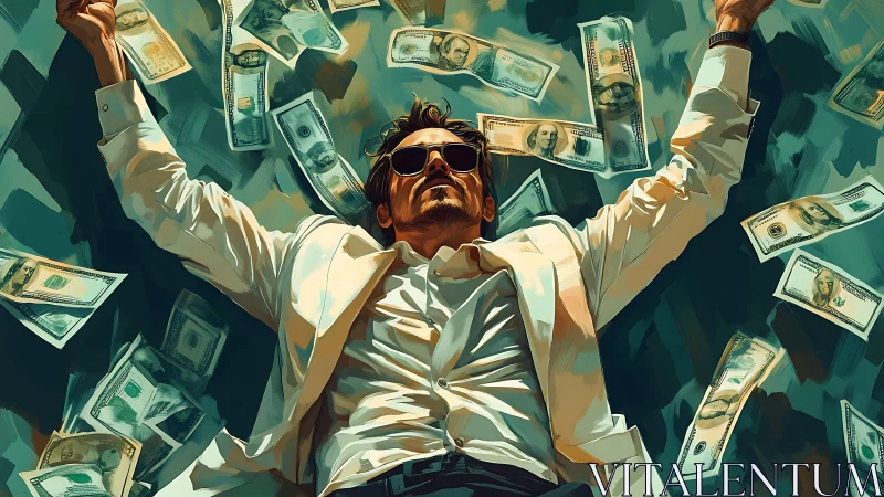 Wealth-soaked businessman reclines beneath raining dollar bills.