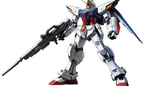 Battle-ready white mecha with rifle and dynamic cel shading.