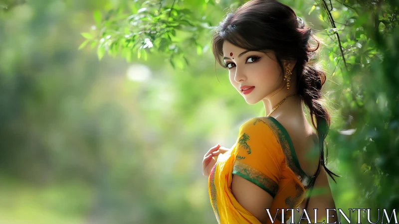 Digital portrait of woman in sari with shallow depth of field.