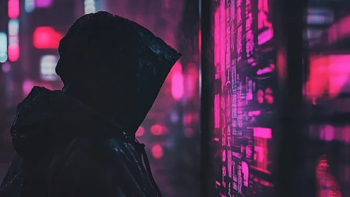 Hooded hacker studies neon code in a rain-soaked cyber city