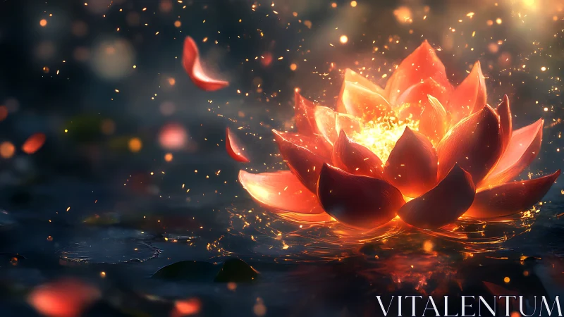 Glowing lotus blossom spills warm light across calm water