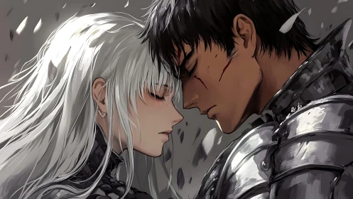 Armored warrior and pale-haired woman share intimate resolve