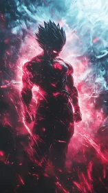 Silhouetted energy warrior stands in red and blue swirling light