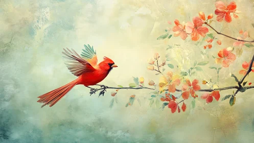 Scarlet songbird alighting on spring blossom branch in misty light