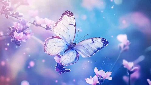 Digital painting of violet butterfly in pastel bokeh field.