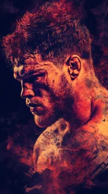 Focused male fighter portrait in fiery digital textures.