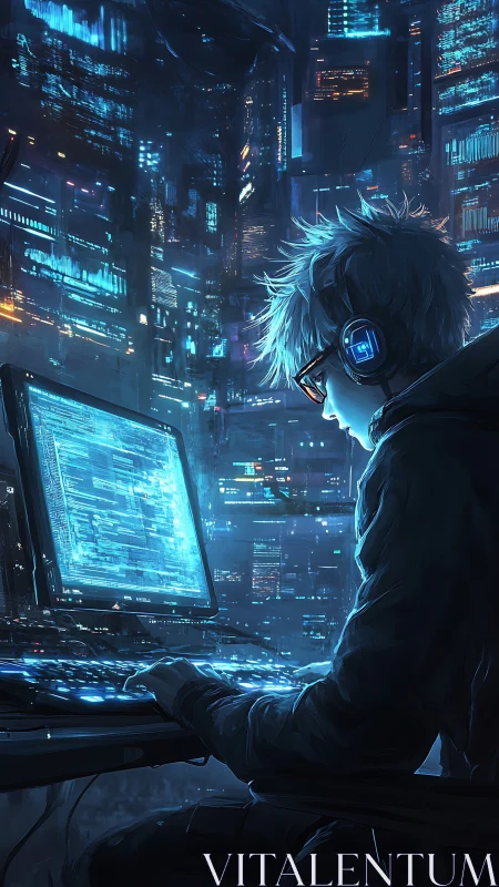 Cyberpunk programmer at multi-monitor workstation in neon-lit megacity