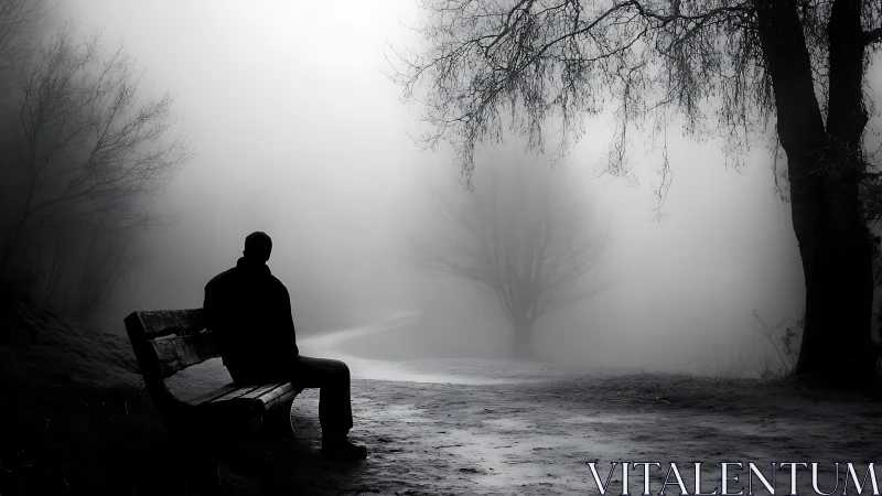 Solitary figure sits on park bench beside misty forest path