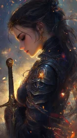 Quiet warrior in glowing armor holding a faithful sword.