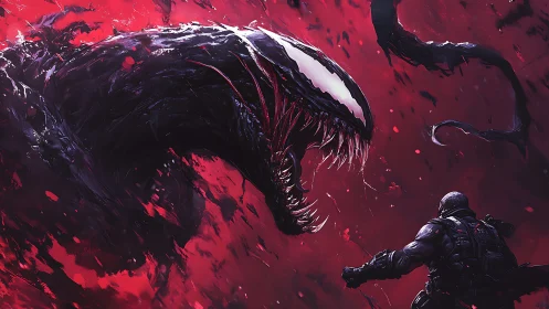 Colossal void-serpent roars over lone armored challenger.