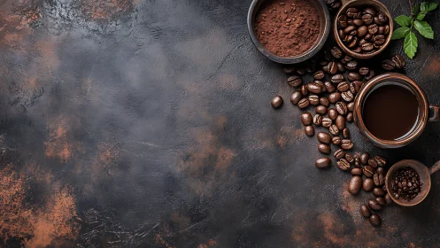 Cozy coffee moment with beans, cocoa, and a rustic backdrop.