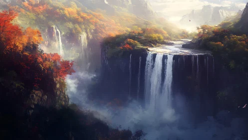 Tiered waterfalls over forested canyon in misty light.