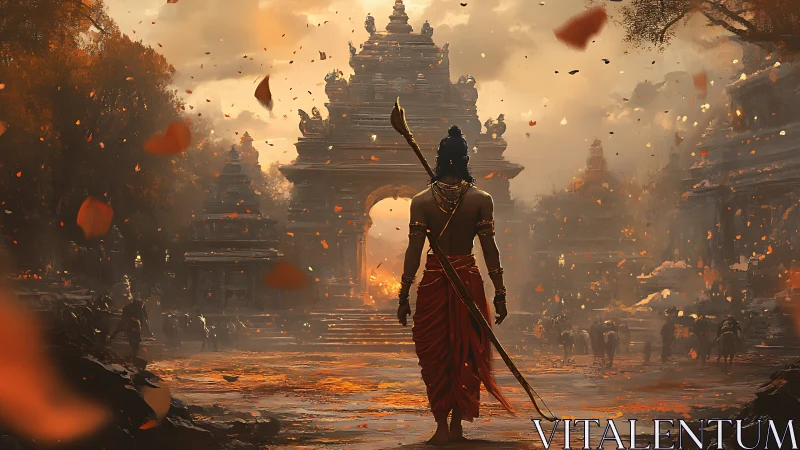 Warrior ascends sacred temple path under burning sky.