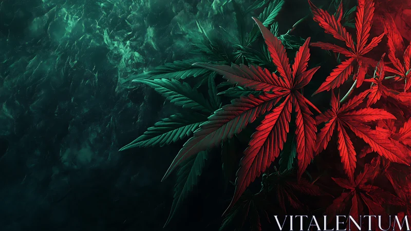 Bicolor cannabis foliage under teal and red directional lighting