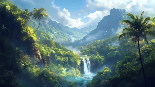 Lush tropical waterfall valley rendered with atmospheric depth and mist