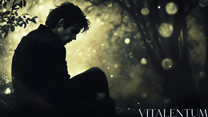 Melancholic male silhouette sits amid glowing forest bokeh