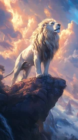 Majestic white lion overlooking ethereal sunrise clouds.