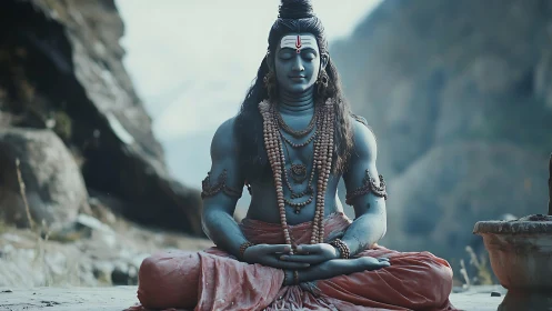 Meditating blue-skinned ascetic figure in detailed Himalayan landscape