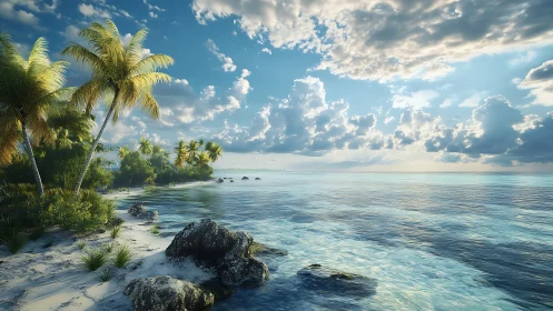 Tropical Coastal Landscape with Palm Trees, Sandy Shore, and Luminous Cloud Formation.