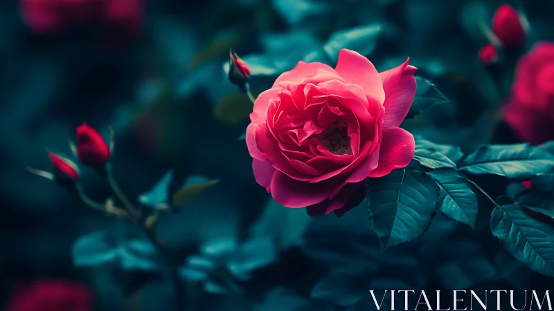 Deep Pink Garden Rose with Selective Focus Against Teal-Toned Botanical Background