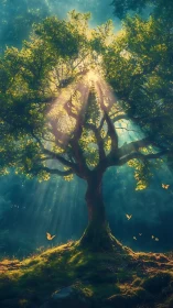 Solitary forest tree with sunlight rays through foliage.