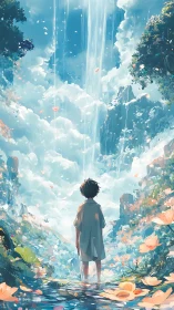 Child standing in shallow stream below tall misty waterfall.