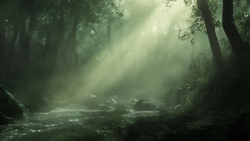 Misty Forest Stream where Sunbeams Pierce the Emerald Canopy.