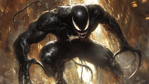 Muscular black symbiote creature lunging in burning alleyway