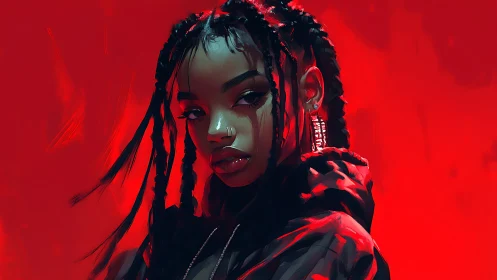 Intense digital portrait of braided woman in red glow.