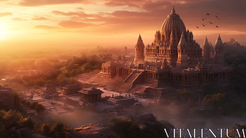 Digital painting of monumental temple city at sunrise light.